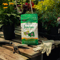 Bag of Espoma Organic Iron-tone fertilizer on a wooden table with gardening tools and gloves.