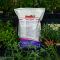 A bag of Lambert rooting mix standing upright in a garden setting among green plants.