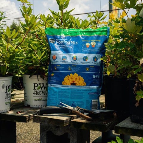 A bag of Miracle-Gro Moisture Control Potting Mix stands on a wooden table outdoors among potted plants. Gardening tools rest on the table, and other plant pots are visible in the background.