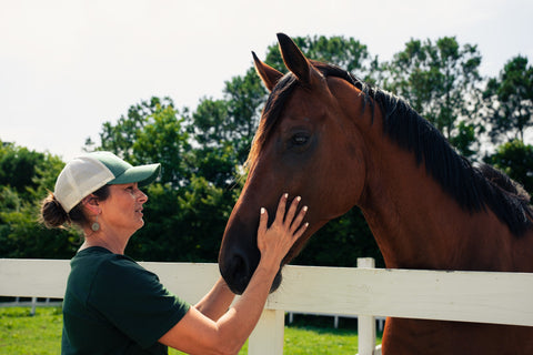 A woman in a green shirt and baseball cap gently pets a brown horse standing behind a white fence in an outdoor paddock with trees in the background.