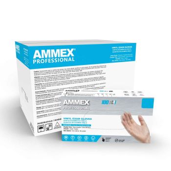 Clear powder-free vinyl exam gloves in size large, 100-count pack for livestock exam and veterinary use by Animal Health International