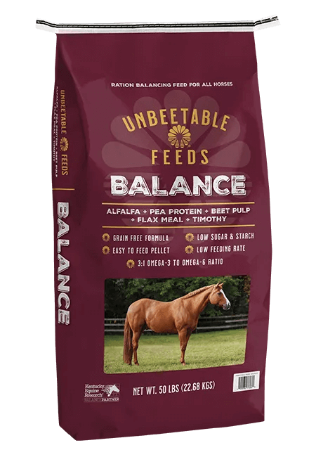 Unbeetable Feeds Balance horse feed bag showing the product packaging with branding and nutritional label details.
