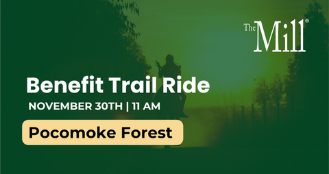 Promotional graphic for a Benefit Trail Ride event at The Mill with a silhouette of a person on a trail.