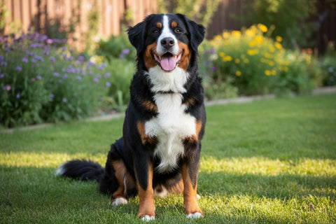 Dog sitting on grass with flowers and a wooden fence in the background