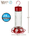 Red and clear hummingbird feeder with measurements and capacity details on a white background