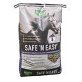 Buckeye Nutrition SAFE ‘N EASY complete horse feed bag showing colorful packaging and product branding.
