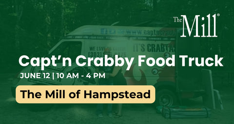 Promotional graphic for Capt'n Crabby Food Truck event at The Mill of Hampstead with food truck image.