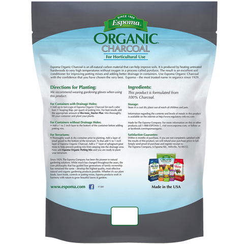 Espoma Organic Charcoal in a 4 qt. bag for lawn and garden, showing charcoal pieces in a natural outdoor setting.