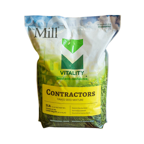 Front view of The Mill Contractors Grass Seed Mix turf seed bag featuring tall fescue and annual ryegrass for lawn growth.
