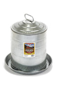 Galvanized double wall metal poultry waterer with 5-gallon capacity, designed for livestock watering and durable use.