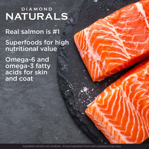 Diamond Naturals Skin & Coat Salmon and Potato dry dog food in a bag, highlighting healthy shine and nourishment for all life stages.