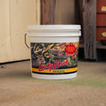 A white plastic bucket of Lucky Buck Mineral deer lick mineral shown on a concrete floor in a barn or shed environment.