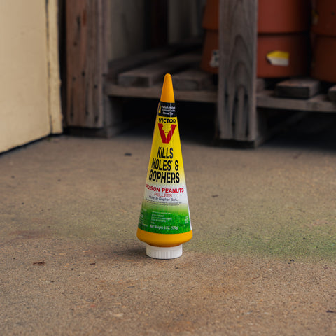 A single Victor brand mole and gopher bait tube standing upright on a concrete floor in a garage or storage area, with wooden beams and barrels blurred in the background.