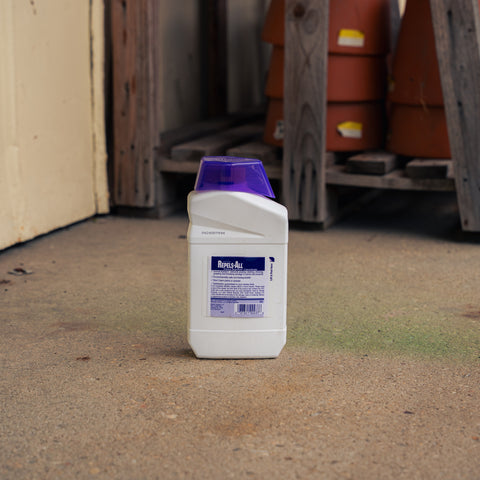 A white plastic bottle of Repels-All with a translucent purple cap, standing on a concrete floor in a workshop or garage setting.