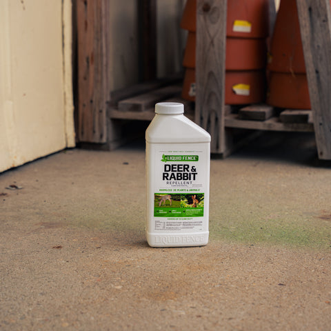 A bottle of Liquid Fence Deer and Rabbit Repellent with a barn background