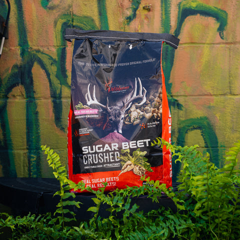 A large bag of Wildgame Sugar Beet Crushed Pellet Feed stands upright outdoors in front of a graffiti-covered wall, surrounded by green plants.