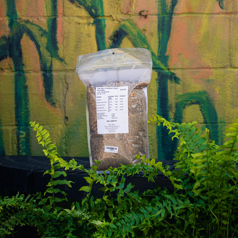 A bag of Mill Deer Plot Mix - 6 lb. Annual Mix plant % acre product standing on a black surface with green ferns in the foreground and a painted brick wall behind it.