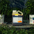 A large plastic jug of Holganix Bio 800 Bloom biostimulant, filled with dark brown liquid, sits on a metal table between potted plants.