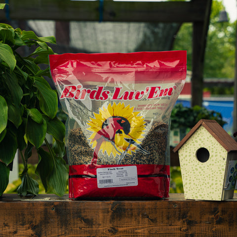 A bag of Birds Luv' Em Finch Treat bird seed mix sits on a wooden table outdoors, flanked by a green plant on the left and a small birdhouse on the right.