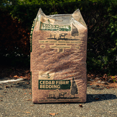 A large bag of Cedar Fiber Bedding sits on an outdoor gravel path with trees and shrubs in the background. The bag is made of clear plastic showing the tan shredded fiber inside, with green and white printed labels and text including 'CEDAR FIBER BEDDING' and '3CF'.