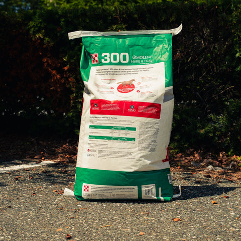 A large bag of Purina 300 Omolene Mare & Foal horse food, standing upright on an asphalt surface outdoors with green foliage in the background.