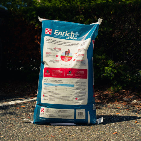 A large bag of Purina Enrich+ Senior horse feed supplement stands on an outdoor gravel path with dark green bushes in the background. The bag is white and blue with a photo of a brown horse on the front and the Purina brand logo.