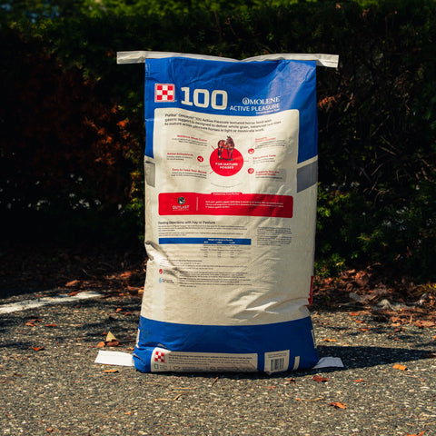 A large bag of Purina Molene 100 Active Pleasure horse feed standing on pavement outdoors with trees and shrubs in the background.