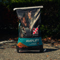 A bag of purina amplify horse supplement on asphalt and with a green background