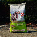 A large bag of Purina Enrich Plus horse supplement standing on asphalt outdoors with dark foliage in the background. The bag is white and bright green with a photo of two horses and the Horning brand logo.