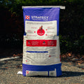 A large bag of Strategy Healthy Edge horse feed supplement standing upright outdoors on asphalt with dark green foliage in the background.