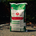 A large green bag of Purina Ultium Growth horse feed stands outdoors on a gravel path with dark green foliage in the background. The bag features photos of a horse and foal and the Purina brand logo.