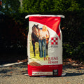 A large bag of Purina Equine Senior horse feed supplement stands outdoors on a gravel surface with dark green hedges in the background. The bag is white and red with a photo of a woman and horse on the front, and the Purina brand logo is clearly visible.