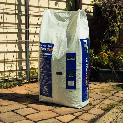 A large white bag of Lucerne Farms Hi Fiber Gold horse feed stands on a stone patio in front of a house with a wire fence and garden plants.