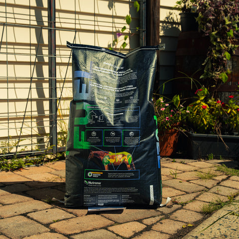 A large black bag of ProForce Fuel supplement stands on a paved patio in front of a garden fence and trellis, with plants visible in the background.