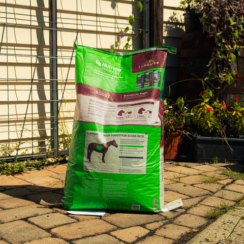 A large bag of Empower Boost supplement stands on a paved patio in front of a garden fence and trellis, with plants visible in the background.