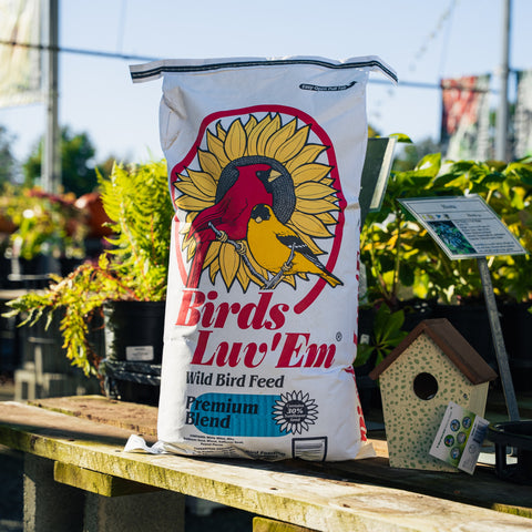 A large white bag of Birds Luv' Em Premium Blend Bird Seed sitting on a garden table with a bird house