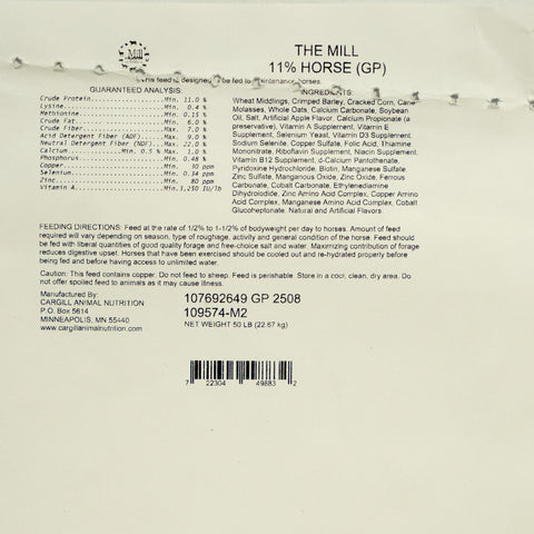 Image of The Mill 11% Sweet Horse Feed bag, a nutritious horse feed product from The Mill brand with colorful packaging.
