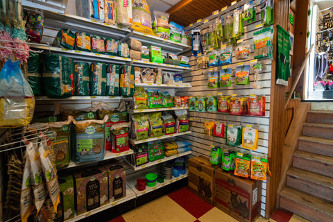 Shelving unit with various products in a store setting