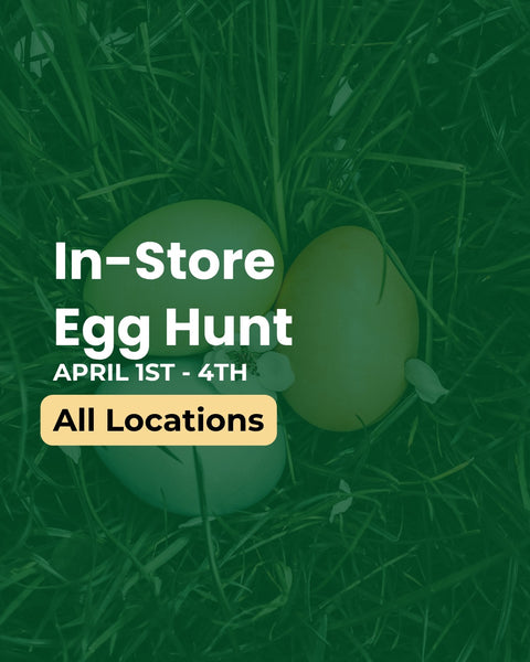Promotional graphic for an in-store egg hunt with text and eggs on a grass background.