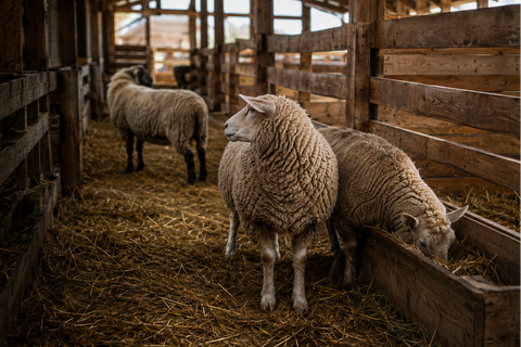 Three sheep standing in a rustic wooden barn aisle with straw on the floor, framed by wooden stalls on both sides.