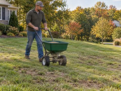 A man in a green long-sleeve shirt and blue jeans pushes a green broadcast spreader across a grassy lawn in a residential backyard setting.