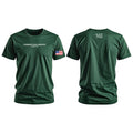 Green t-shirt with text and logo on front and back, displayed on a white background