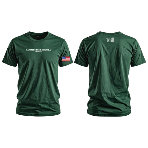 Green t-shirt with text and logo on front and back, displayed on a white background