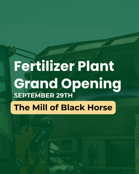 Promotional graphic for the Fertilizer Plant Grand Opening on September 29th, featuring large white text over a dark green-tinted background with a photo of industrial machinery and a yellow banner reading 'The Mill of Black Horse'.