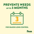 Preen Garden Weed Preventer 17.5 lb drum, garden supply for weed control, in a large container with a garden setting.