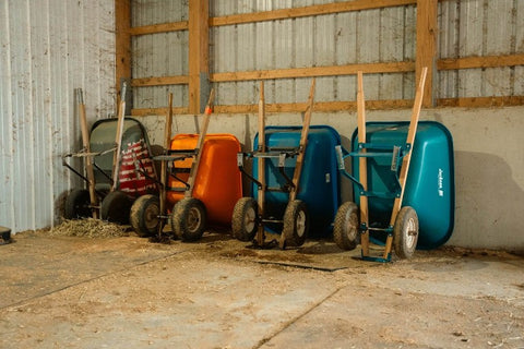 Colorful wheelbarrows against a wooden wall inside a barn.