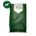 Green bag of 'The Mill' with branding and contact information on a white background