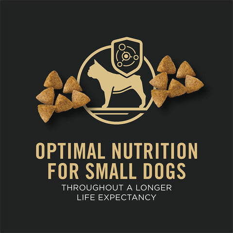 Purina Pro Plan adult small breed dog food with chicken and rice formula, showing a bag of dry dog food with chicken pieces and grains.