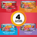 Assorted Friskies Prime Filets wet cat food in a 48-pack variety, featuring colorful cans with images of fish and cat food.
