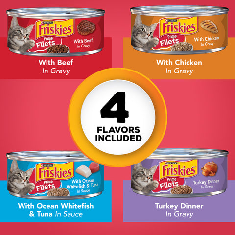 Assorted Friskies Prime Filets wet cat food in a 48-pack variety, featuring colorful cans with images of fish and cat food.